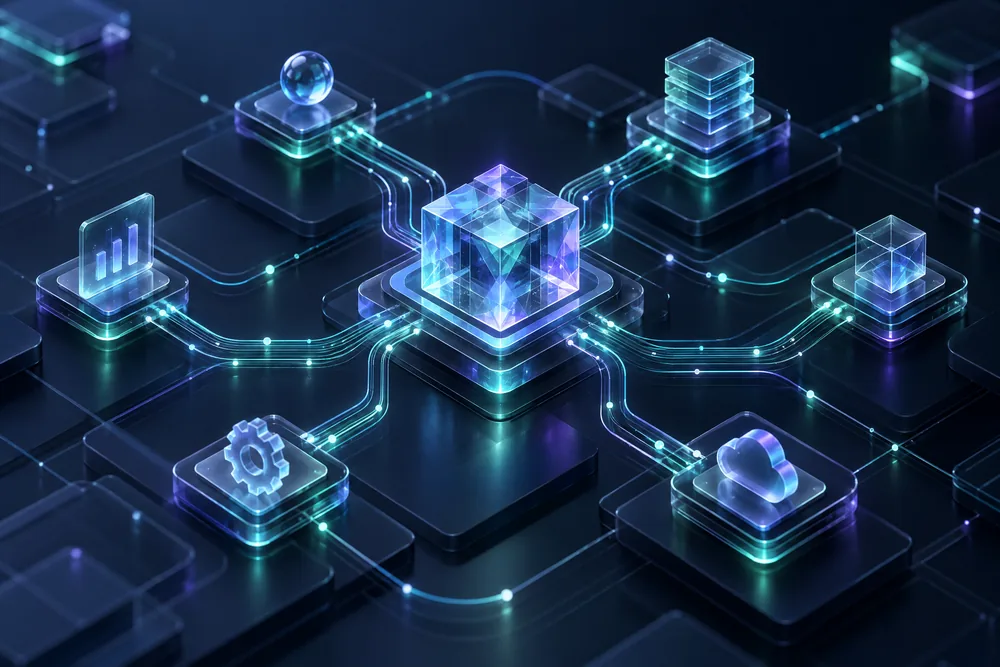 Connected mint and cyan workflow nodes surrounding a crystalline processor, concept artwork.
