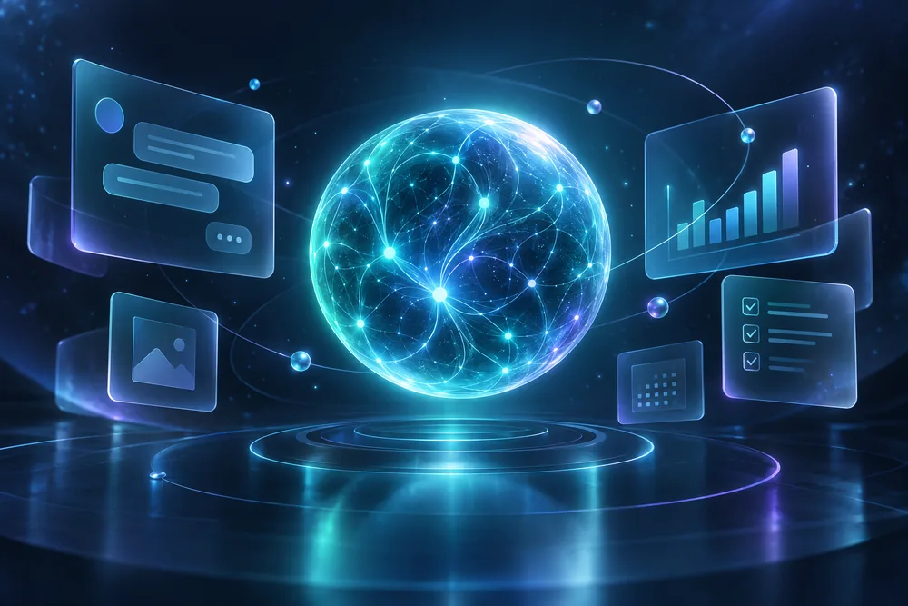 Abstract cyan neural orb surrounded by translucent panels, concept artwork for Realm AI.